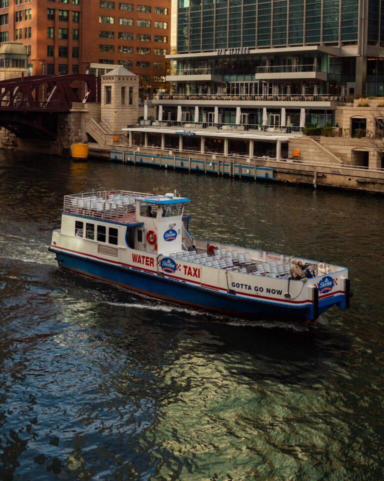 Shoreline Sightseeing water taxi at the Navy Pier dock in Chicago